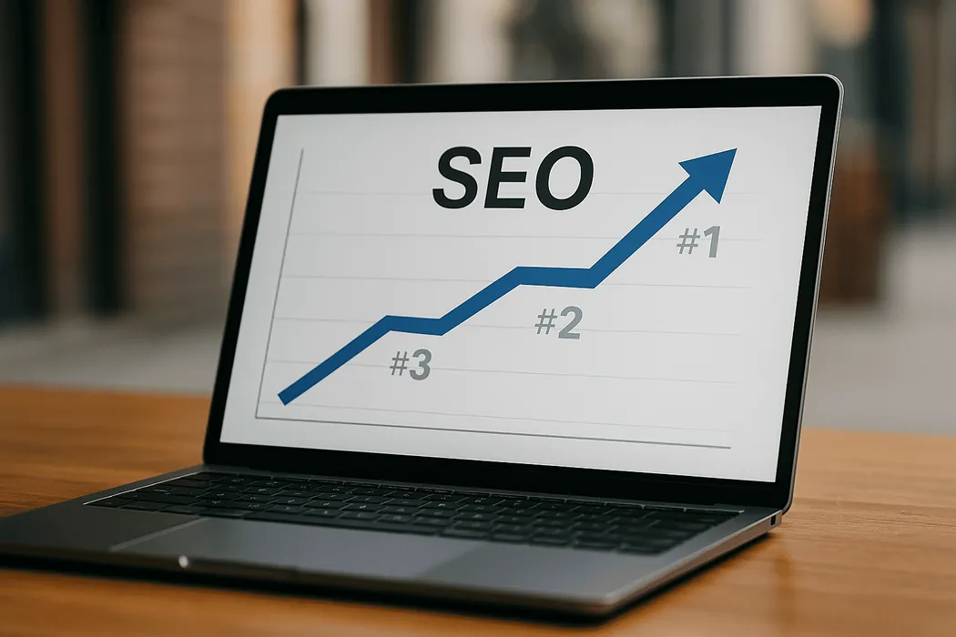 حاسوب محمول على مكتب خشبي تظهر على شاشته كلمة SEO وسهم ينتقل من المركز الثالث إلى الأول